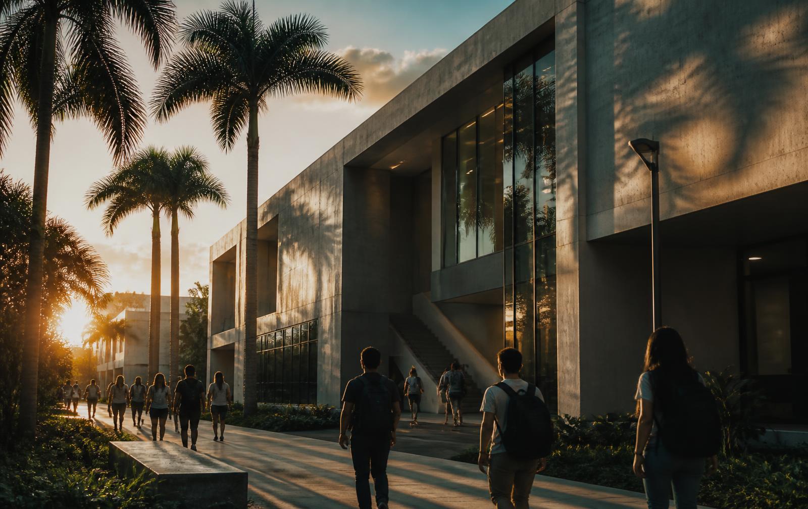 Campus universitário moderno ao entardecer